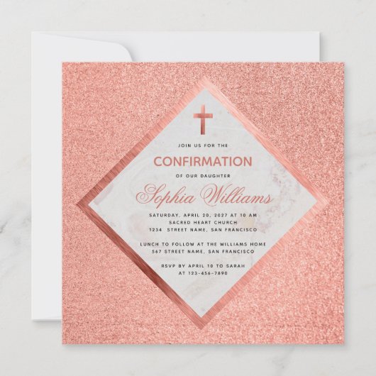 少女 確認 ピンク ローズ ゴールド マーブル クロス 招待状 (正面)