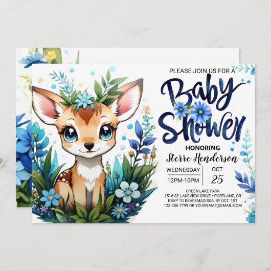 少年お洒落のための青い茶色のウッドランド赤ちゃんシャワー 招待状 (正面/裏面)