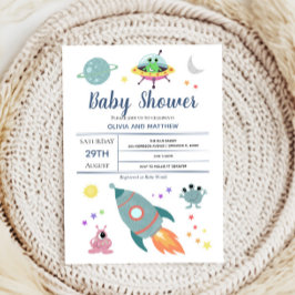 少年かわいいモダン宇宙エイリアンロケットベイビーシャワー 招待状