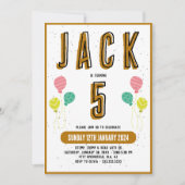 少年かわいいモダン金ゴールドテーマキッズフィフス誕生日パート 招待状 (正面)