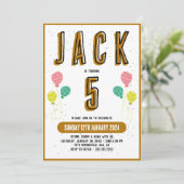 少年かわいいモダン金ゴールドテーマキッズフィフス誕生日パート 招待状 (スタンド正面)