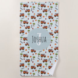 少年かわいい青い消防士トラックパターンの子供 ビーチタオル