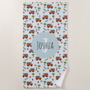 少年かわいい青い消防士トラックパターンの子供 ビーチタオル