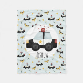 少年かわいい青い警察の車のパターンと名前の子供 フリースブランケット