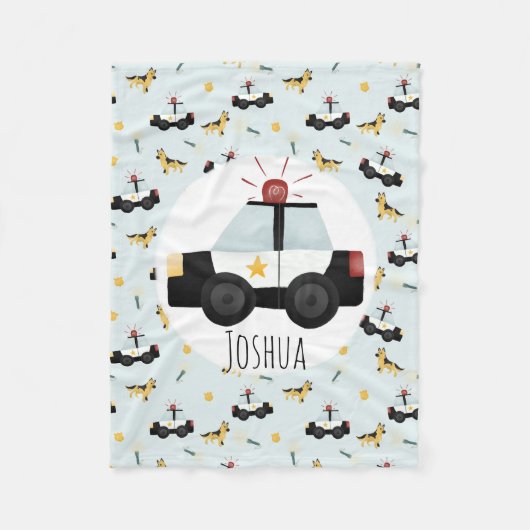 少年かわいい青い警察の車のパターンと名前の子供 フリースブランケット (正面)