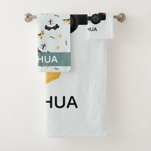 少年かわいい青い警察の車のパターンの子供 バスタオルセット (インサイチュ)