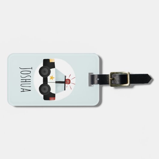 少年かわいい青い警察の車の漫画と名前の子供 ラゲッジタグ (正面横)