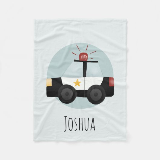 少年かわいい青い警察の車の漫画の子供 フリースブランケット (正面)