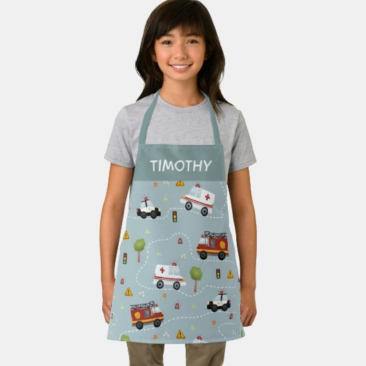 少年かわいい青い輸送パターンキッズ エプロン (インサイチュ)