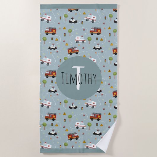 少年かわいい青い輸送パターンキッズ ビーチタオル (正面)