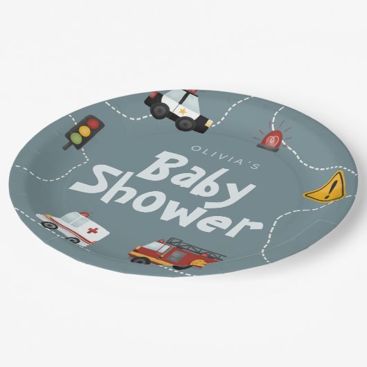 少年かわいい青モダン警察の赤ちゃんシャワー ペーパープレート (アングル)