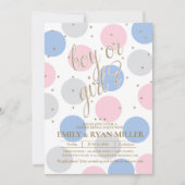 少年か少女か？ピンクとブルーのベビー性別リビールパーティー 招待状 (正面)