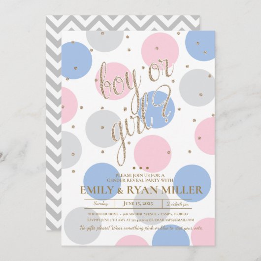 少年か少女か？ピンクとブルーのベビー性別リビールパーティー 招待状 (正面/裏面)
