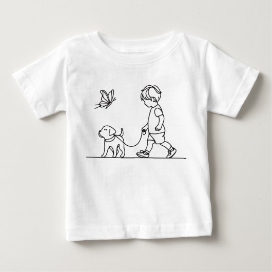 少年が子犬の犬を散歩させる ベビーTシャツ (正面)