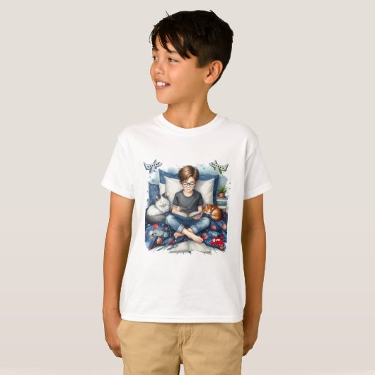 少年が寝室で猫と本を読む Tシャツ (正面フル)