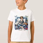 少年が寝室で猫と本を読む Tシャツ (正面)