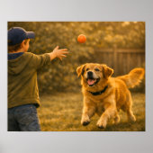 少年が犬とフェッチで遊ぶ寝室ポスター ポスター (正面)