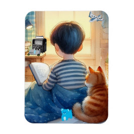 少年が猫と本を読む マグネット