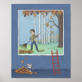少年が落ち葉をかき集める ポスター