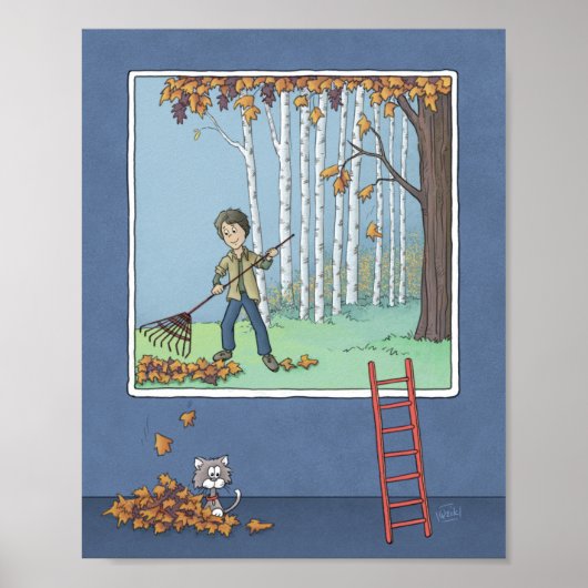 少年が落ち葉をかき集める ポスター (正面)