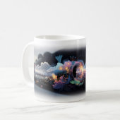 少年が輝くデジタル宇宙に足を踏み入れるマグカップ コーヒーマグカップ (正面左)