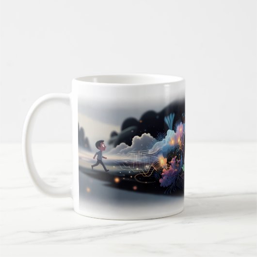 少年が輝くデジタル宇宙に足を踏み入れるマグカップ コーヒーマグカップ (左)