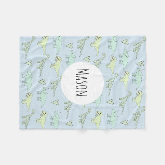 少年たちがかわいい青い恐竜のパターンと子どもの名前を挙げる フリースブランケット (正面(横))