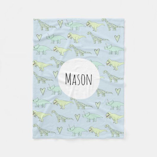 少年たちがかわいい青い恐竜のパターンと子どもの名前を挙げる フリースブランケット (正面)