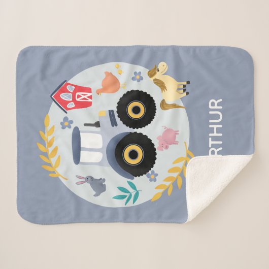 少年たちにとってかわいい農家動物とブルートラクターの子どもたち シェルパブランケット (正面(横))