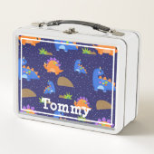 少年たちのかわいい青オレンジの星型恐竜 メタルランチボックス (正面)