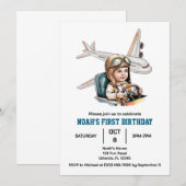 少年たちのキュートな飛行機旅行 誕生日 水彩 招待状 (正面/裏面)