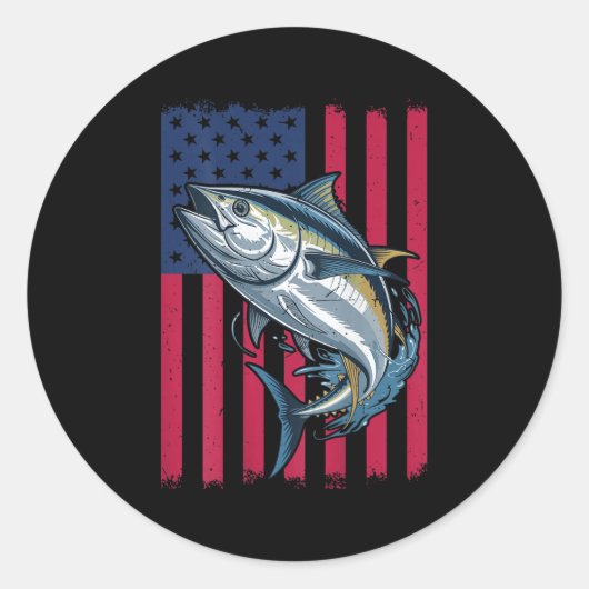 少年たちの深海釣りアメリカ国旗クロマグロ ラウンドシール (正面)