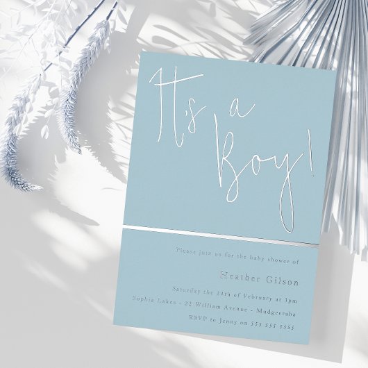 少年だ！ほこりっぽいブルー&シルバー赤ちゃんシャワーシルバー 箔招待状