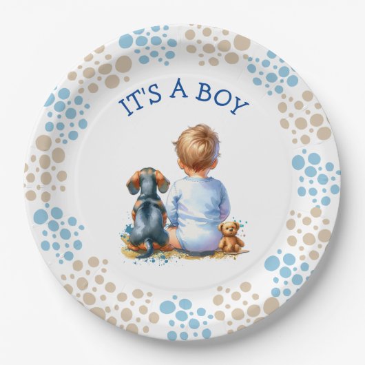 少年だ | ベビーとダックシュント子犬の赤ちゃんシャワー ペーパープレート (正面)
