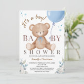 少年だ |ベビーシャワーTeddy Bear Blue Balloon 招待状 (スタンド正面)