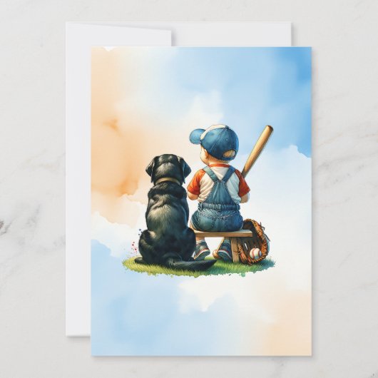 少年とブラックのラボ野球をテーマにした赤ちゃんシャワー 招待状 (裏面)