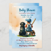 少年とブラックのラボ野球をテーマにした赤ちゃんシャワー 招待状 (正面/裏面)