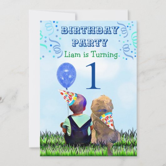 少年と彼の犬の最初の誕生日パーティー 招待状 (正面)