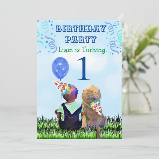 少年と彼の犬の最初の誕生日パーティー 招待状 (スタンド正面)