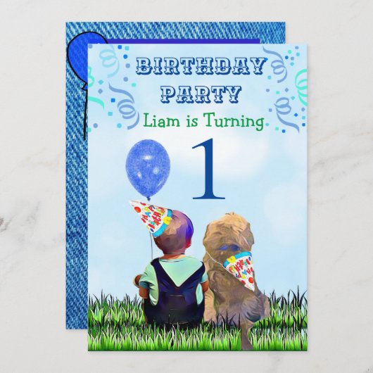 少年と彼の犬の最初の誕生日パーティー 招待状 (正面/裏面)