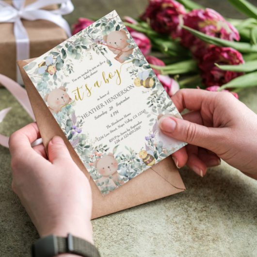 少年と森の動物 クマ 水彩 赤ちゃん歓迎会 招待状