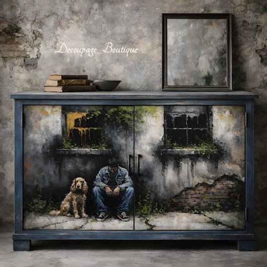 少年と犬の静かな都市の衰退 ムーディなデコパージュ 薄葉紙