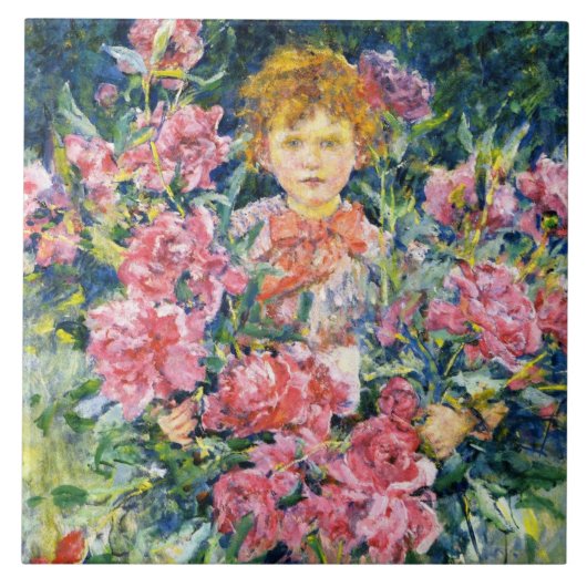 少年と赤い芍薬の花 (ロバート・リード作) タイル (正面)