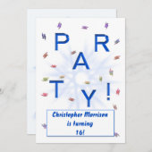 少年に名前、パーティの招待状、青で追加 招待状 (正面/裏面)