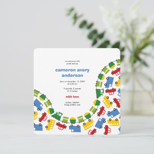 少年のおもちゃ輸送ベビー写真誕生発表 案内状 (スタンド正面)