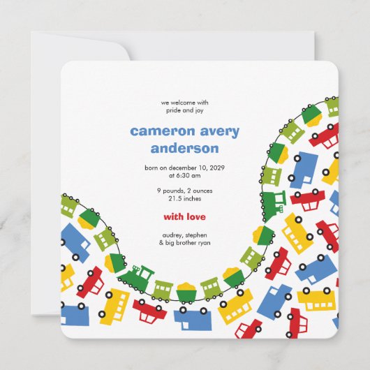 少年のおもちゃ輸送ベビー写真誕生発表 案内状 (正面)