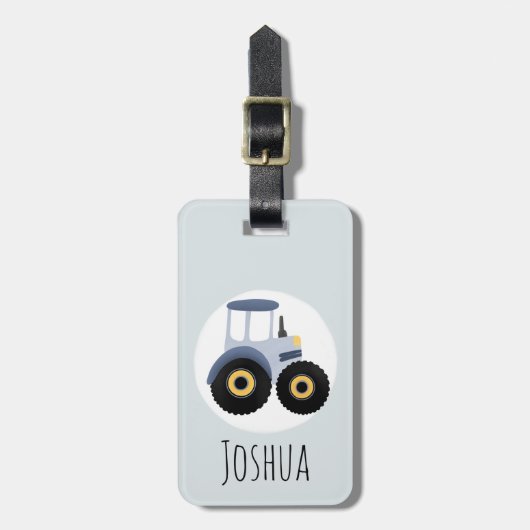 少年のかわいいブルーファームトラクターの漫画とネームキッズ ラゲッジタグ (正面縦)