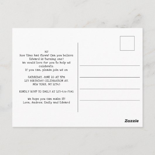 少年のかわいい宇宙1歳の誕生日招待状 ポストカード (裏面)