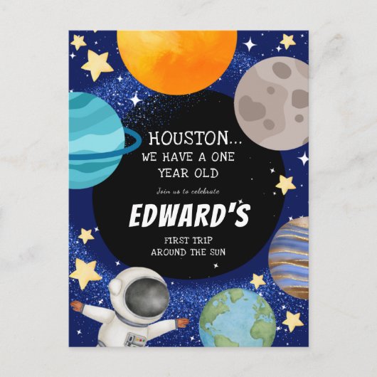 少年のかわいい宇宙1歳の誕生日招待状 ポストカード (正面)