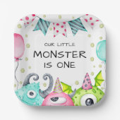 少年のかわいい小さな怪物の誕生日パーティー ペーパープレート (正面)